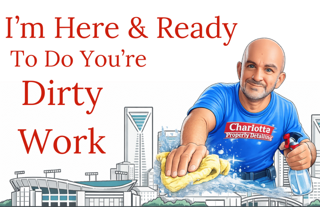 background picture of owner jerry Johnson's mascot character wiping the city of charlotte. Caption reads, I'm Here & Ready to do Your Dirty Work.