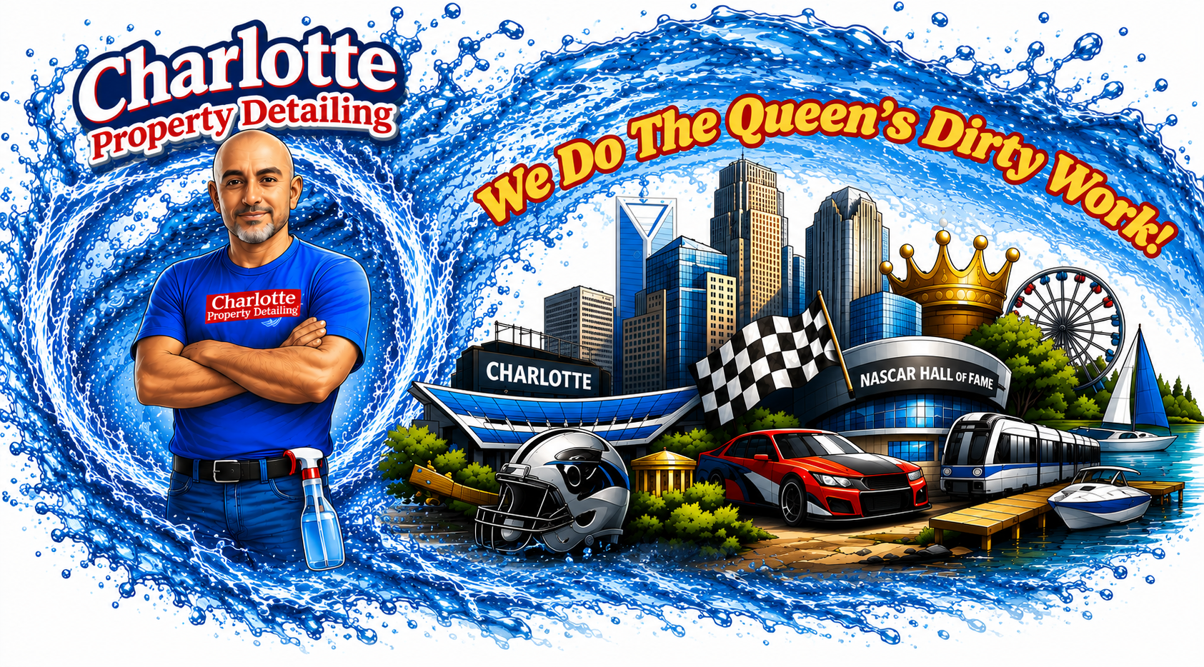 Picture containing logo and the city of Charlotte, NC landmarks.