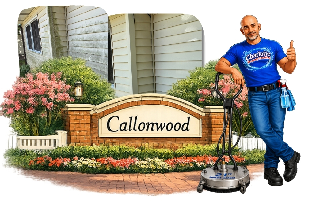 Before and after picture of a completed house wash in the Callonwood Subdivision of Matthews.