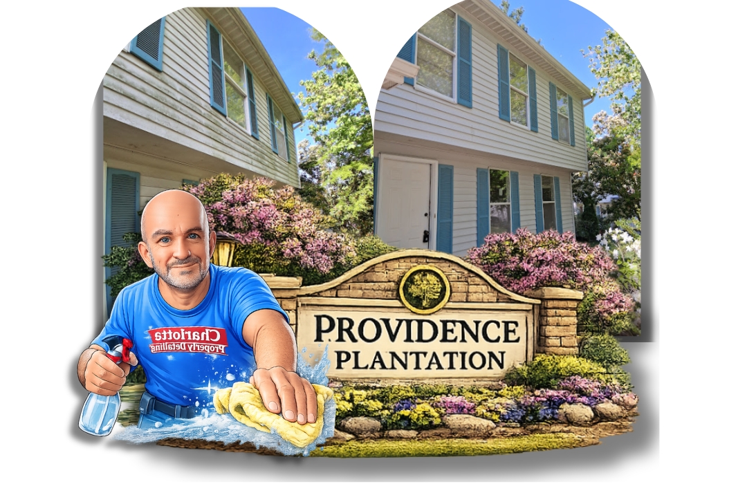 Before and after photos of a completed house pressure washing in the Providence Plantation subdivision of Matthews,NC.