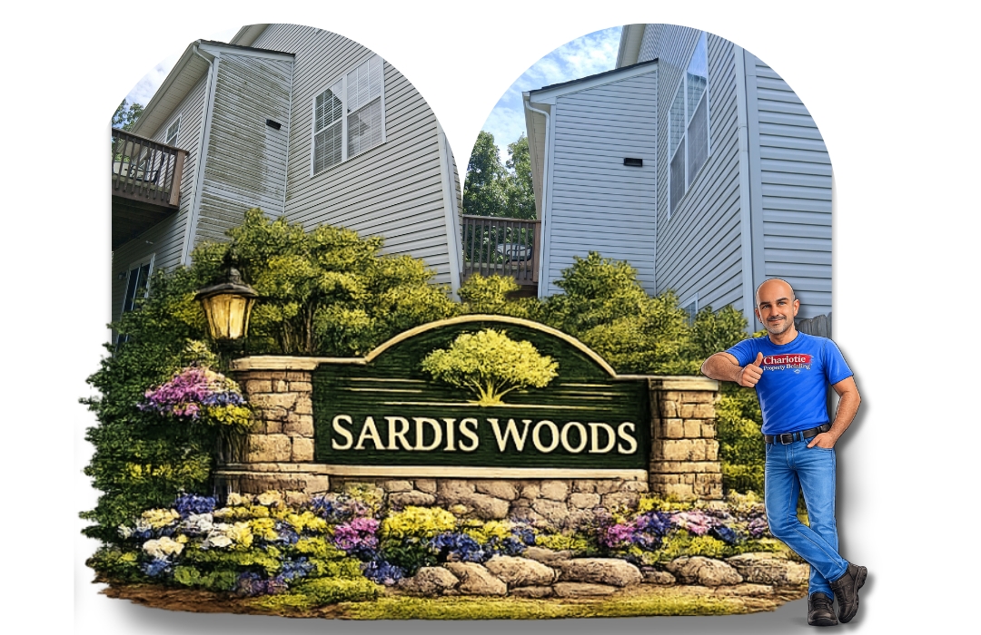 Before and after pictures of a completed Soft House Washing in the Sardis Woods neighborhood of Mathews, NC.