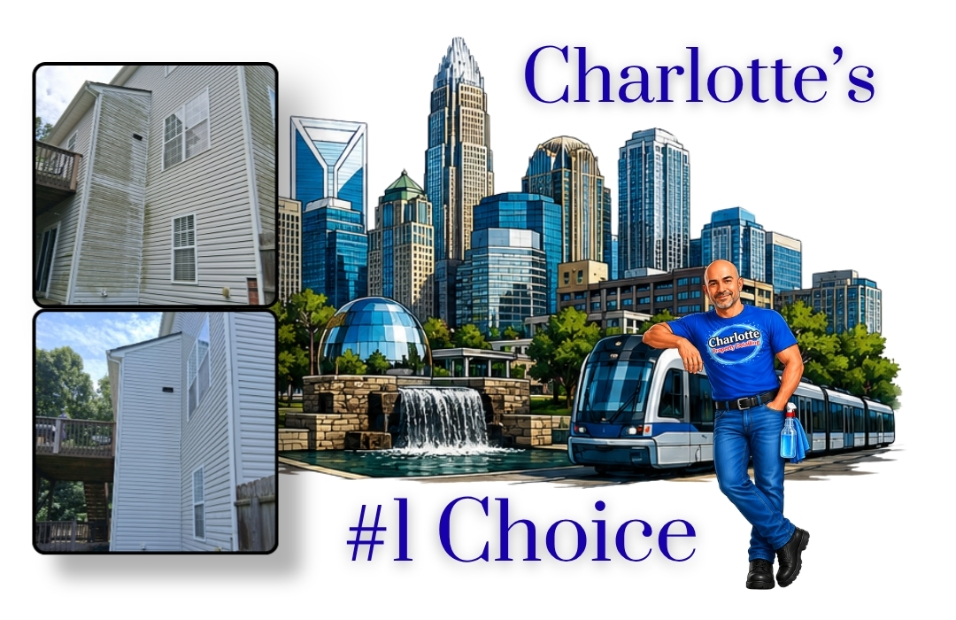 Artwork of Uptown Charlotte with before and after pictures of a house wash