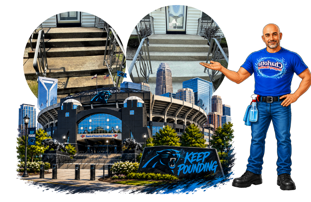 Artwork of the Bank of America Stadium with before and after pictures of stairs.
