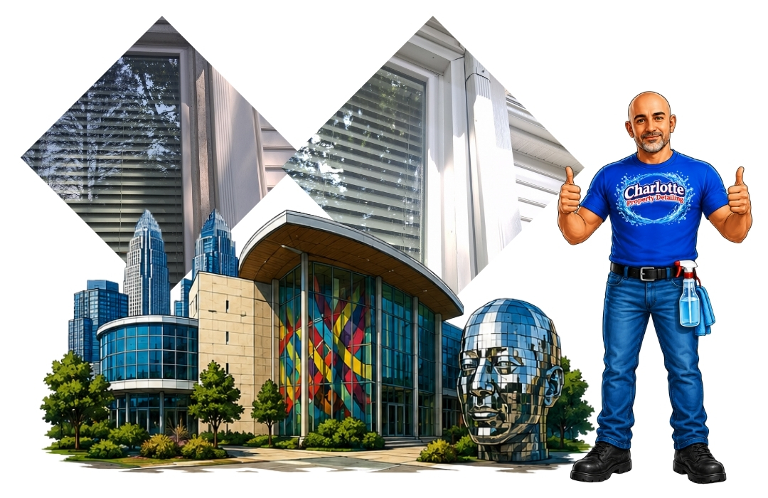 Artwork of Uptown Museum with before and after pictures of trimming cleaningin Concord,NC