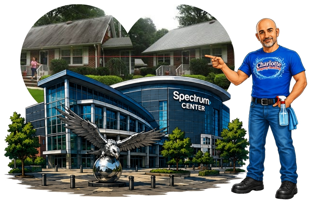 artwork of spectrum center with before and after pictures of a roof wash in Huntersville, NC.