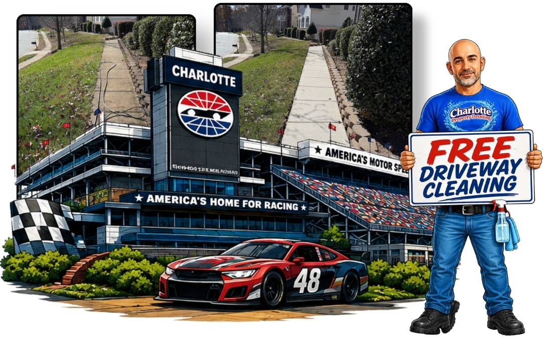 artwork of Charlotte Motor Speedway with before and after pictures of a walkway pressure washing in Matthews, NC