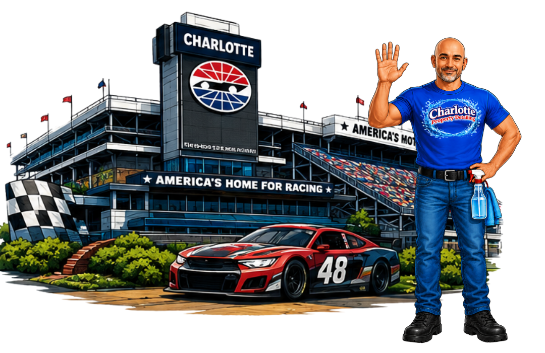 Jerry waving Hi in front of a Motor Speedway