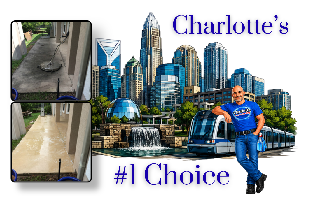 before and after pictures of concrete cleaning - Attached to artwork of up-town charlotte, nc.