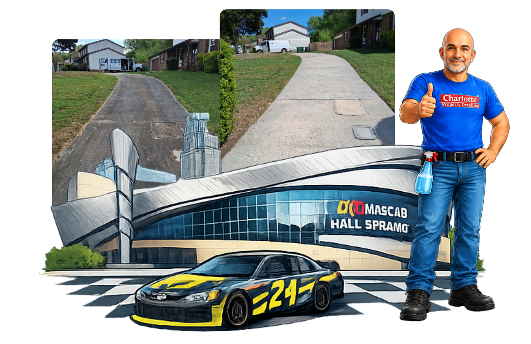 before and after pictures of driveway cleaning in highland creek, Charlotte - attached to artwork of jerry and racecar