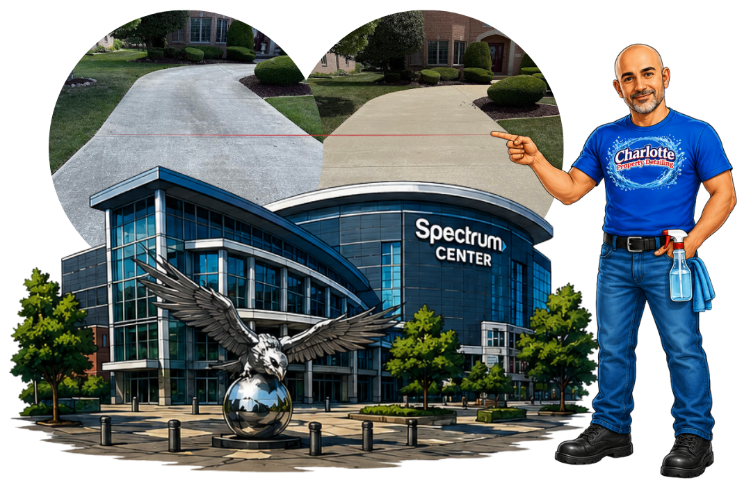 before and after picture of driveway pressure washing in Charlotte, NC - attached to artwork of Jerry pointing at pictures in front of a Arena in Charlotte, NC.